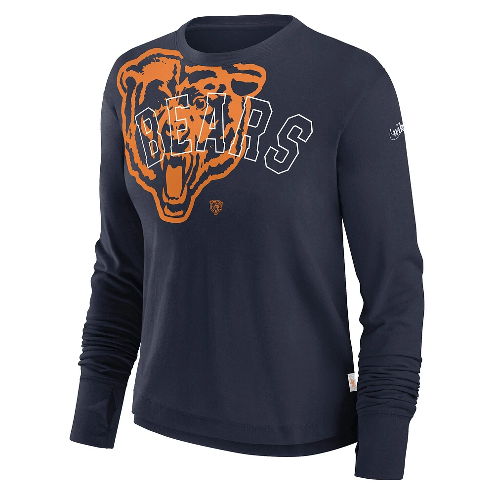 Women's Nike Navy Chicago Bears Layered Logo Cropped Long Sleeve Fashion T-Shirt