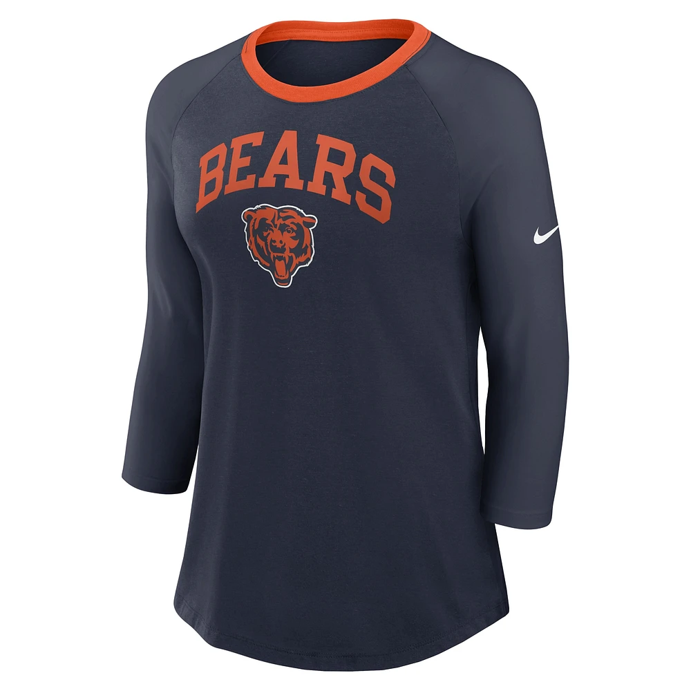 Women's Nike Navy Chicago Bears Raglan 3/4 Sleeve T-Shirt