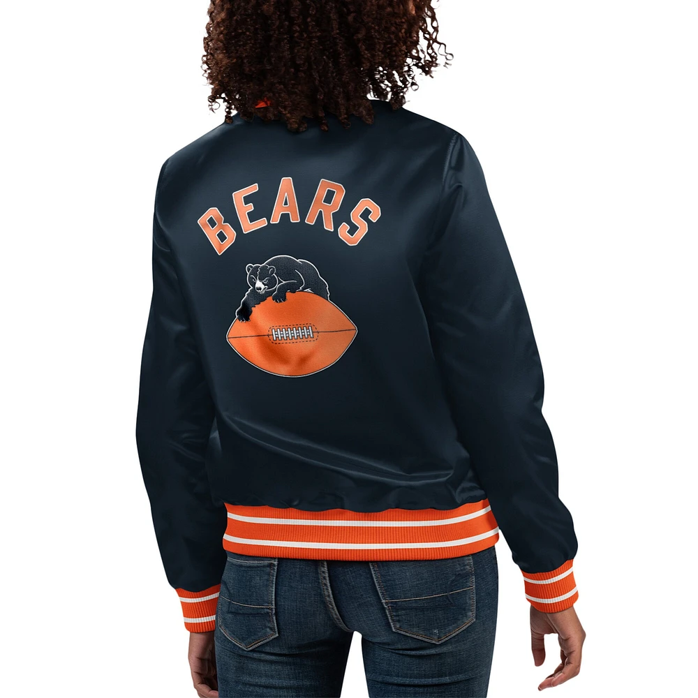 Veste universitaire à bouton-pression en satin pour femmes Starter Navy/Orange Chicago Bears Full Count