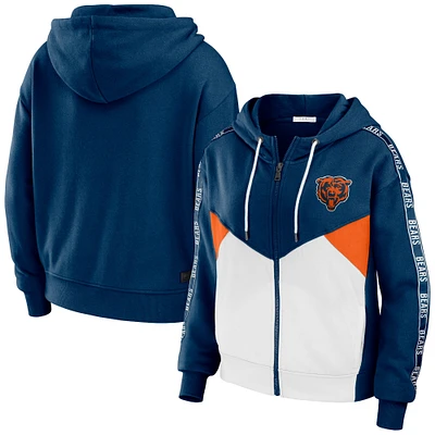 Women's WEAR by Erin Andrews Navy/White Chicago Bears Color Block Light Weight Modest Crop Full-Zip Hoodie