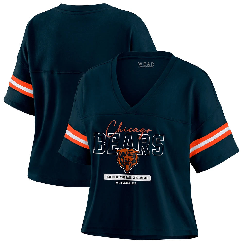 Women's WEAR by Erin Andrews Navy Chicago Bears Color Block Boxy Modest Crop V-Neck T-Shirt