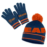 Ensemble bonnet à revers en tricot double jacquard bleu marine avec pompon et gants WEAR by Erin Andrews pour femme des Chicago Bears