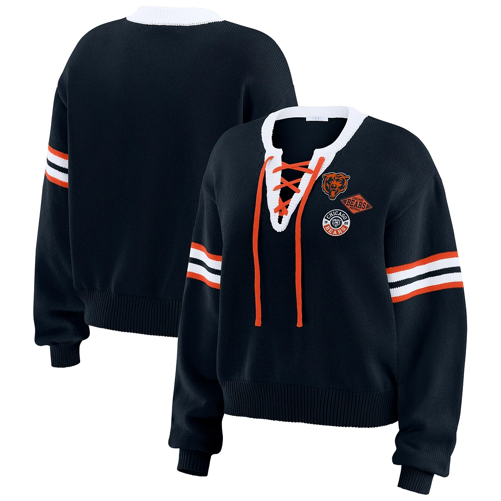 Women's WEAR by Erin Andrews Navy Chicago Bears Lace-Up Pullover Sweatshirt