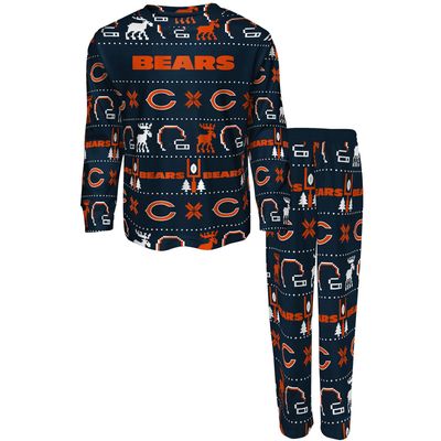 Youth Navy Chicago Bears Allover Print Long Sleeve T-Shirt & Pants - Sleep Set