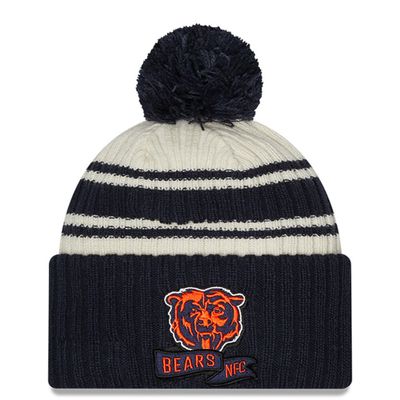 Youth New Era Cream/Navy Chicago Bears 2022 Sideline - Sport Cuffed Pom Knit Hat