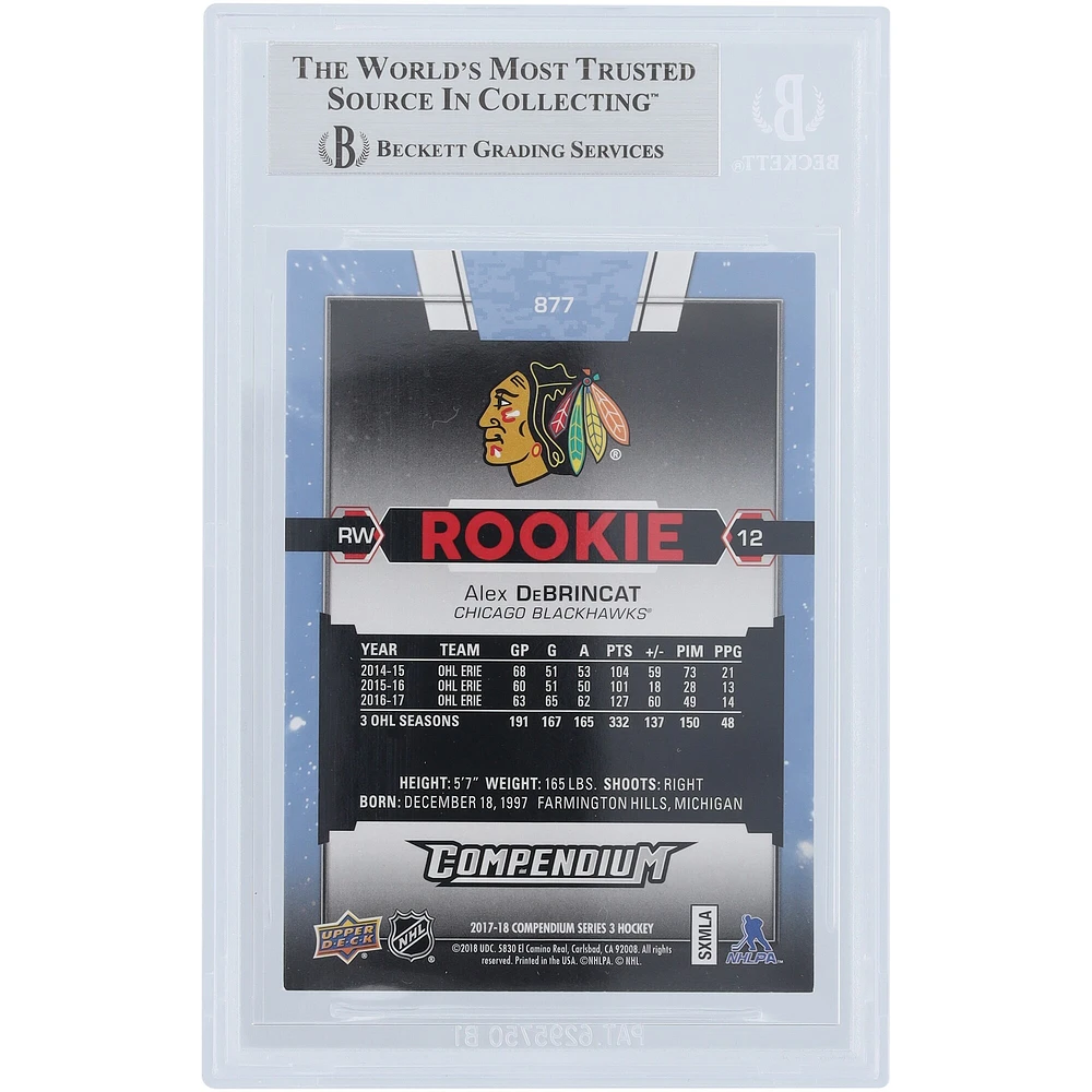 Carte de recrue authentifiée signée Alex DeBrincat Chicago Blackhawks 2017-18 Upper Deck Compendium Blue #877 Beckett Fanatics Witnessed