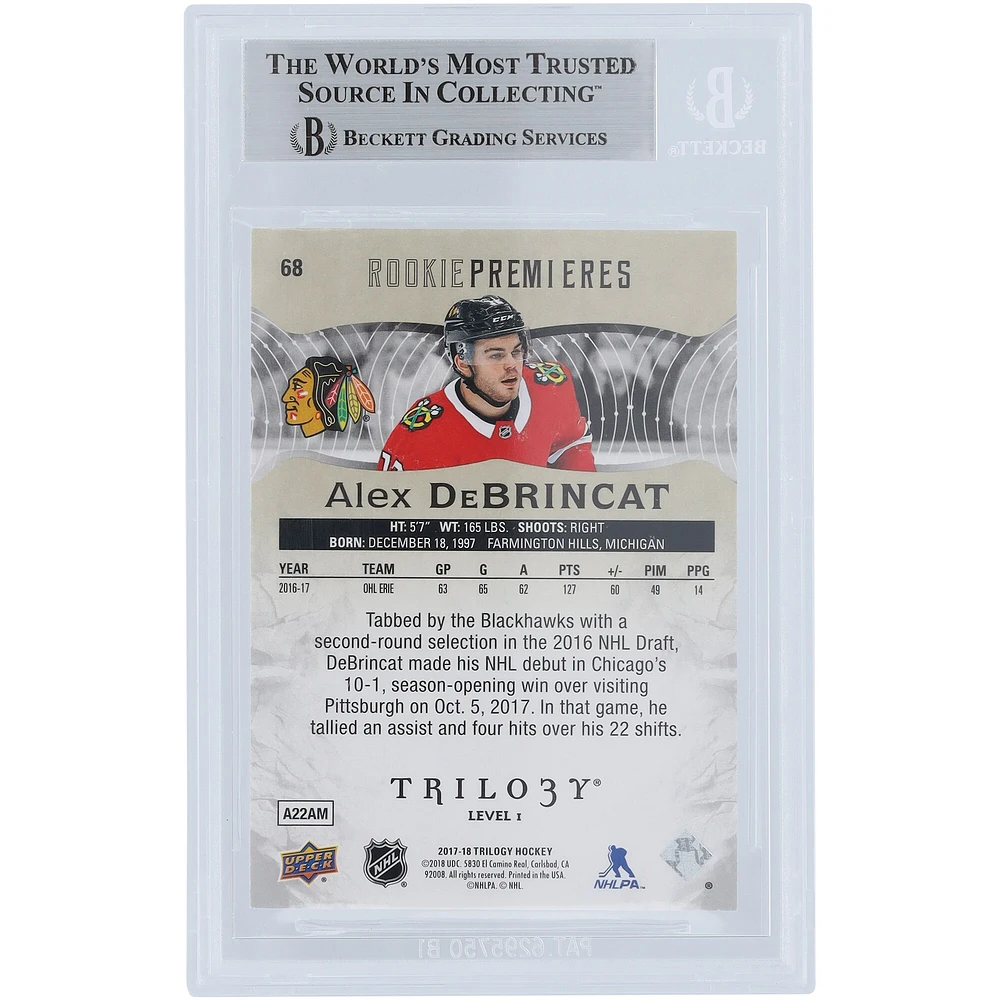 Alex DeBrincat Chicago Blackhawks Autographié 2017-18 Upper Deck Trilogy Rookie Premieres #68 #/999 Beckett Fanatics A Vu La Carte Rookie Authentifiée