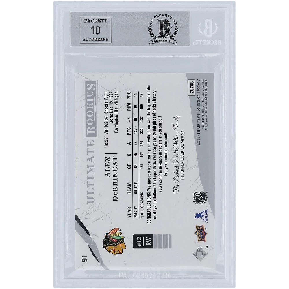 Alex DeBrincat Chicago Blackhawks Autographed 2017-18 Upper Deck Ultimate Collection Jerseys Relic #91 #/299 Beckett Fanatics Witnessed Authenticated 9/10 Rookie Card