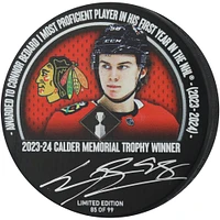 Connor Bedard Chicago Blackhawks Autographed 2024 Calder Trophy Hockey Puck - Limited Edition of 99