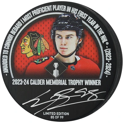 Connor Bedard Chicago Blackhawks Autographed 2024 Calder Trophy Hockey Puck - Limited Edition of 99