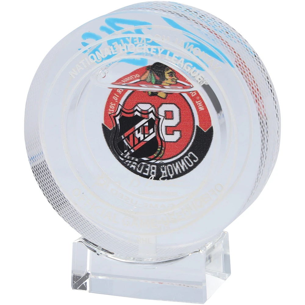 Connor Bedard Chicago Blackhawks Autographed NHL Debut Crystal Puck - Filled with Ice from NHL Debut Game