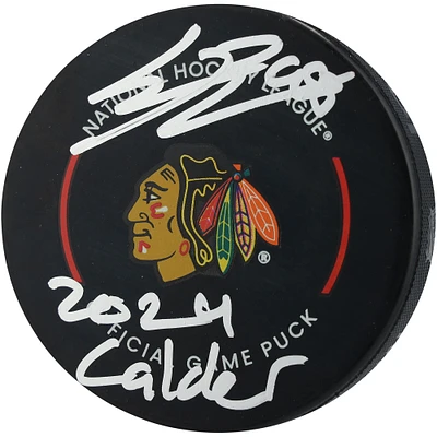 Connor Bedard Chicago Blackhawks Autographed Official Game Puck with "2024 Calder" Inscription