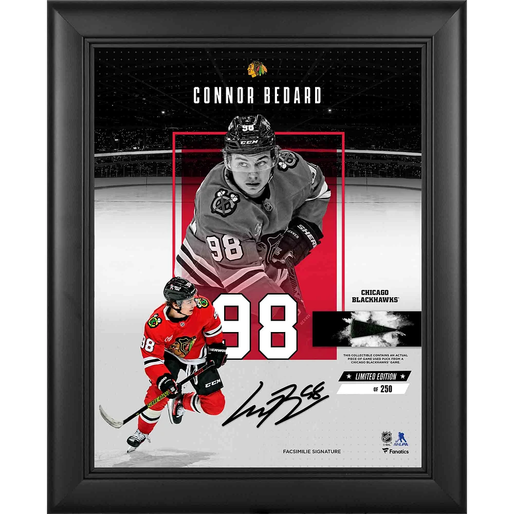 Connor Bedard Chicago Blackhawks Facsimile Signature Framed 11" x 14" Impact Collage with a Piece of Game-Used Puck - Limited Edition of 250