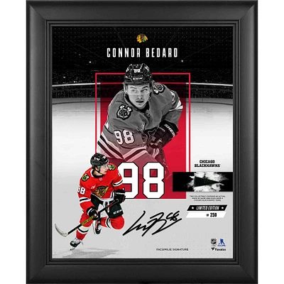 Connor Bedard Chicago Blackhawks Facsimile Signature Framed 11" x 14" Impact Collage with a Piece of Game-Used Puck - Limited Edition of 250