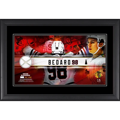 Collage encadré de 10" x 18" de la saison des recrues des Blackhawks de Chicago de Connor Bedard avec un morceau de filet et de rondelle utilisés lors du match - Édition limitée à 298 exemplaires