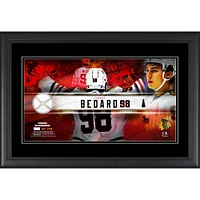 Collage encadré de 10" x 18" de la saison des recrues des Blackhawks de Chicago de Connor Bedard avec un morceau de filet et de rondelle utilisés lors du match - Édition limitée à 298 exemplaires