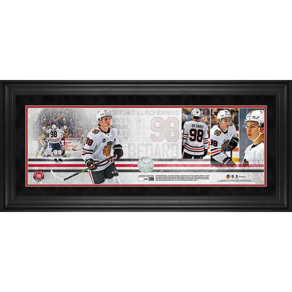 Connor Bedard Chicago Blackhawks Framed 10" x 30" NHL Debut Panoramic with a Piece of Game-Used Net from NHL Debut Game - Limited Edition of 198