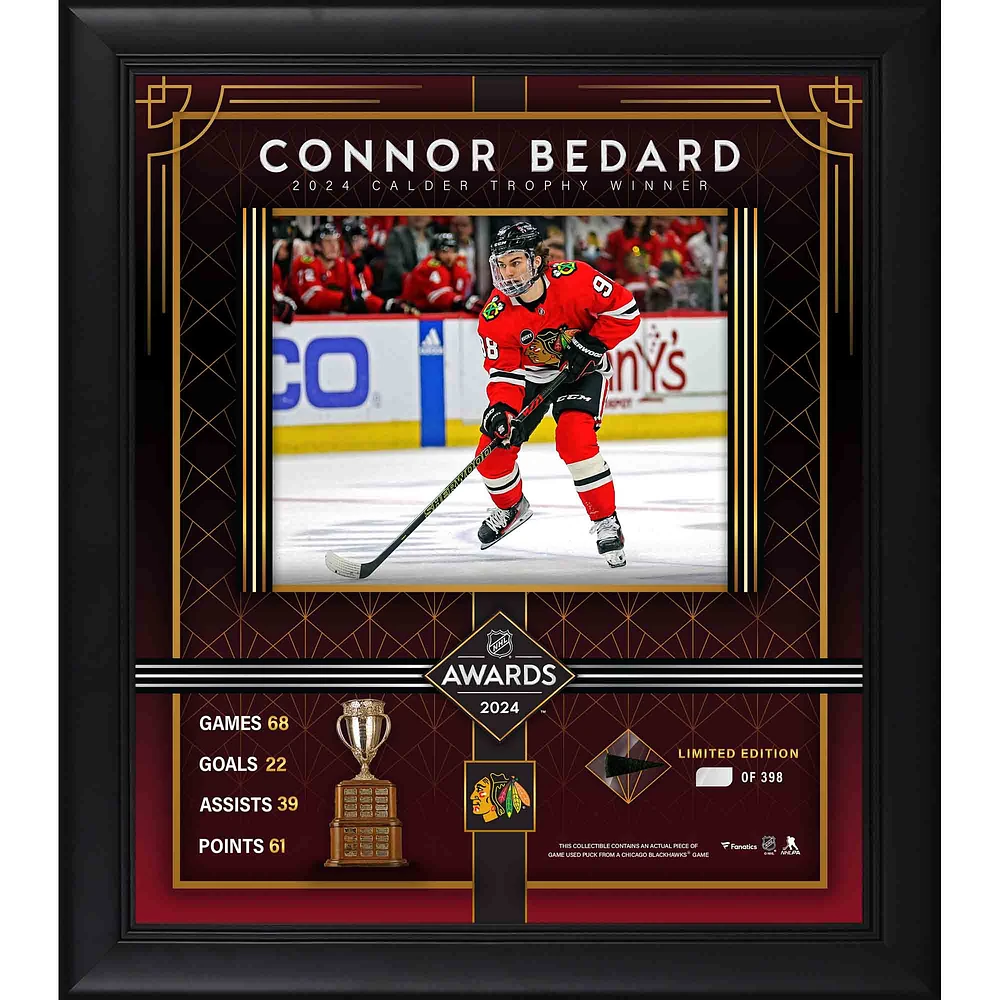 Connor Bedard Chicago Blackhawks Framed 2024 Calder Memorial Trophy Winner 15" x 17" Photograph with a Piece of Game-Used Puck - Limited Edition of 398