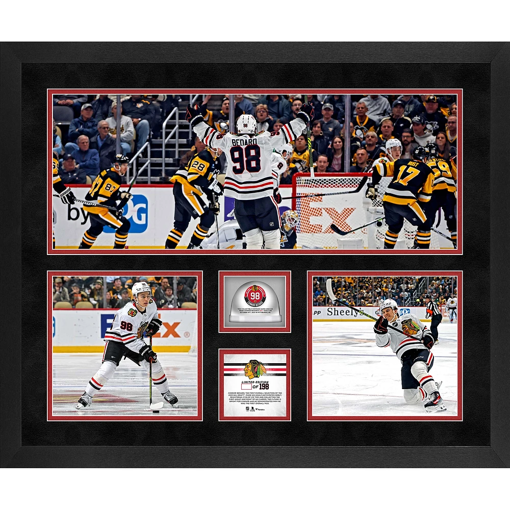 Collage encadré de 3 photographies de 20" x 24" de Connor Bedard, Blackhawks de Chicago, avec glace utilisée lors du premier match de la LNH - Édition limitée à 198 exemplaires
