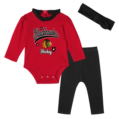 Ensemble 3 pièces pour bébé fille Chicago Blackhawks Rink Queen, body à manches longues, pantalon et bandeau