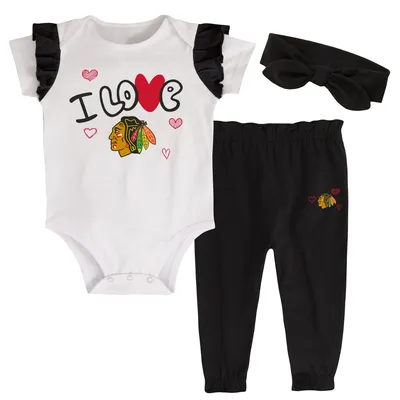 Chicago Blackhawks Girls Infant I Love Hockey Bodysuit, Pants & Headband Set - White/Black