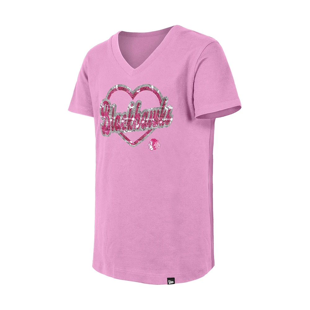 T-shirt à col en V paillettes roses Chicago Blackhawks de New Era pour fille