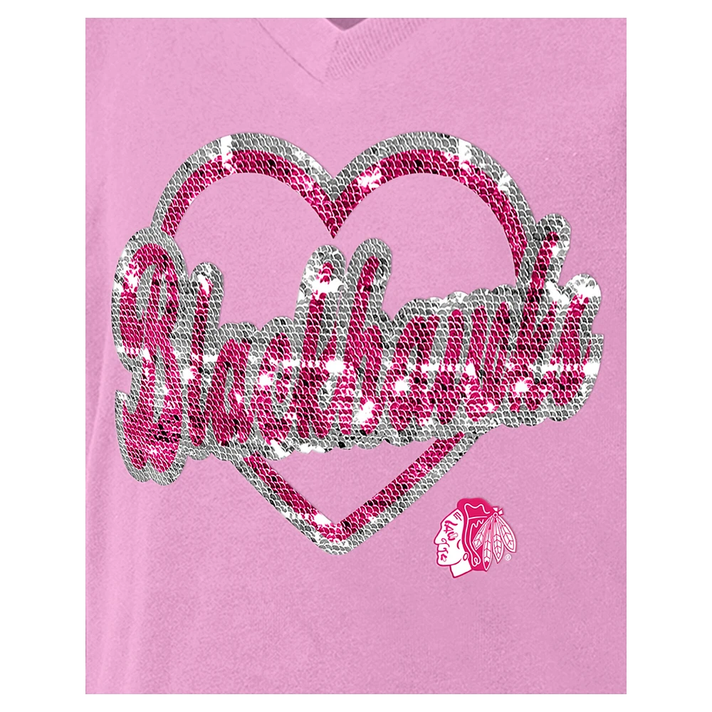 T-shirt à col en V paillettes roses Chicago Blackhawks de New Era pour fille