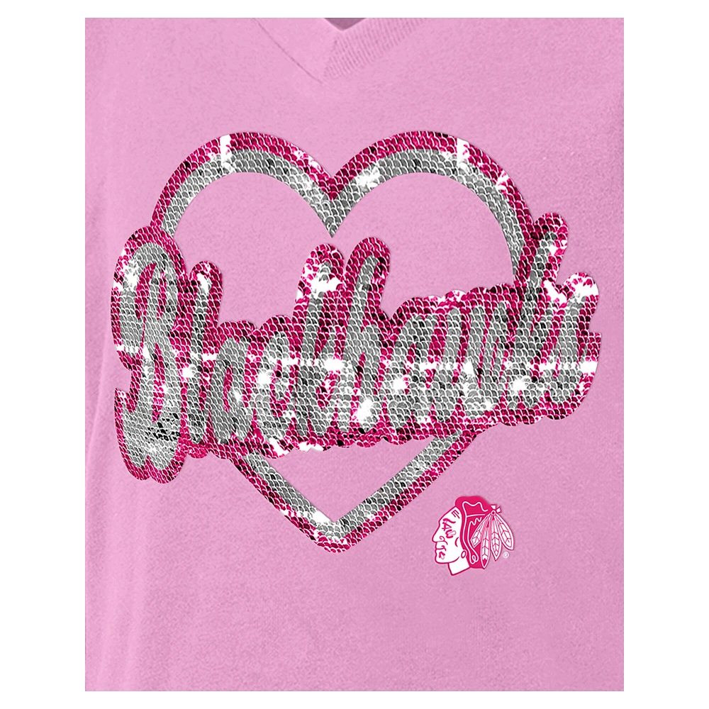 T-shirt à col en V paillettes roses Chicago Blackhawks de New Era pour fille