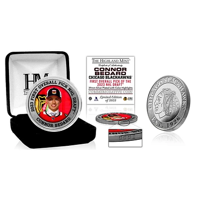 Pièce de monnaie plaquée argent de 39 mm Connor Bedard des Blackhawks de Chicago de Highland Mint