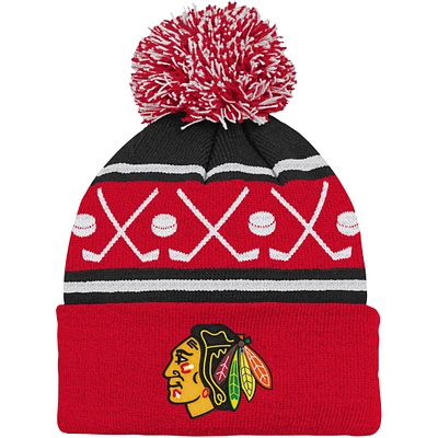 Bonnet en tricot à revers Face-Off des Blackhawks de Chicago rouge pour bébé avec pompon