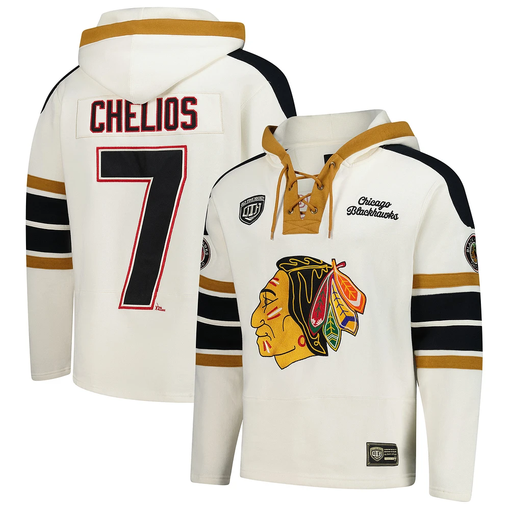V111020 Blkhwk Chris Chelios 47 Brand Old Time hockey Cagoules à lacets pour joueur de hommes SWTMENNUM HP156PMWHVT660677CL #1