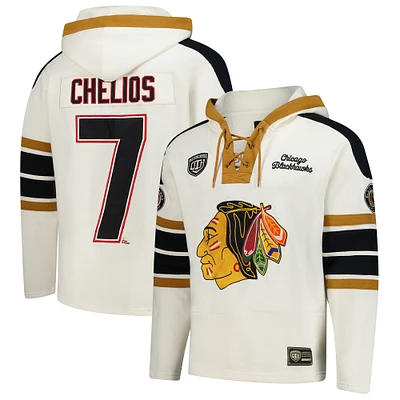 Men's '47 Chris Chelios Cream Chicago Blackhawks Blue Line Heritage Name & Number Lace-Up Pullover Hoodie