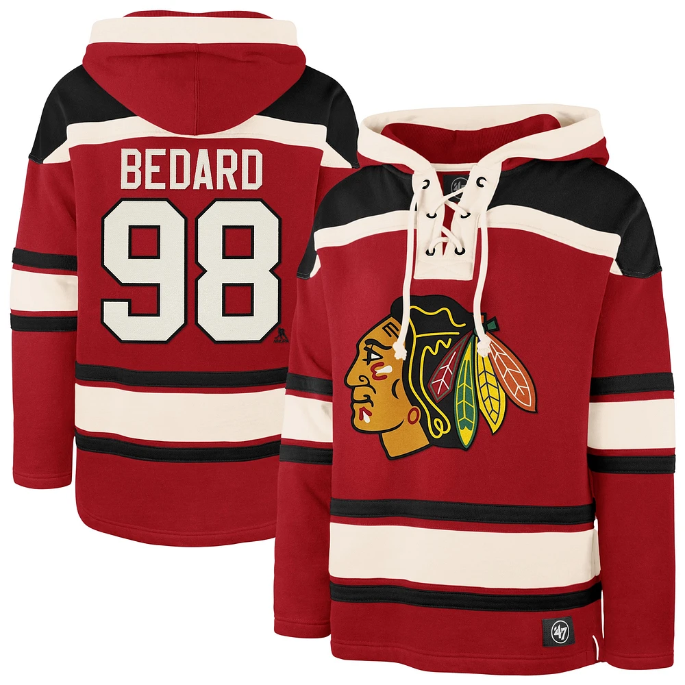 Men's '47 Connor Bedard Red Chicago Blackhawks Player Name & Number Lacer Pullover Hoodie