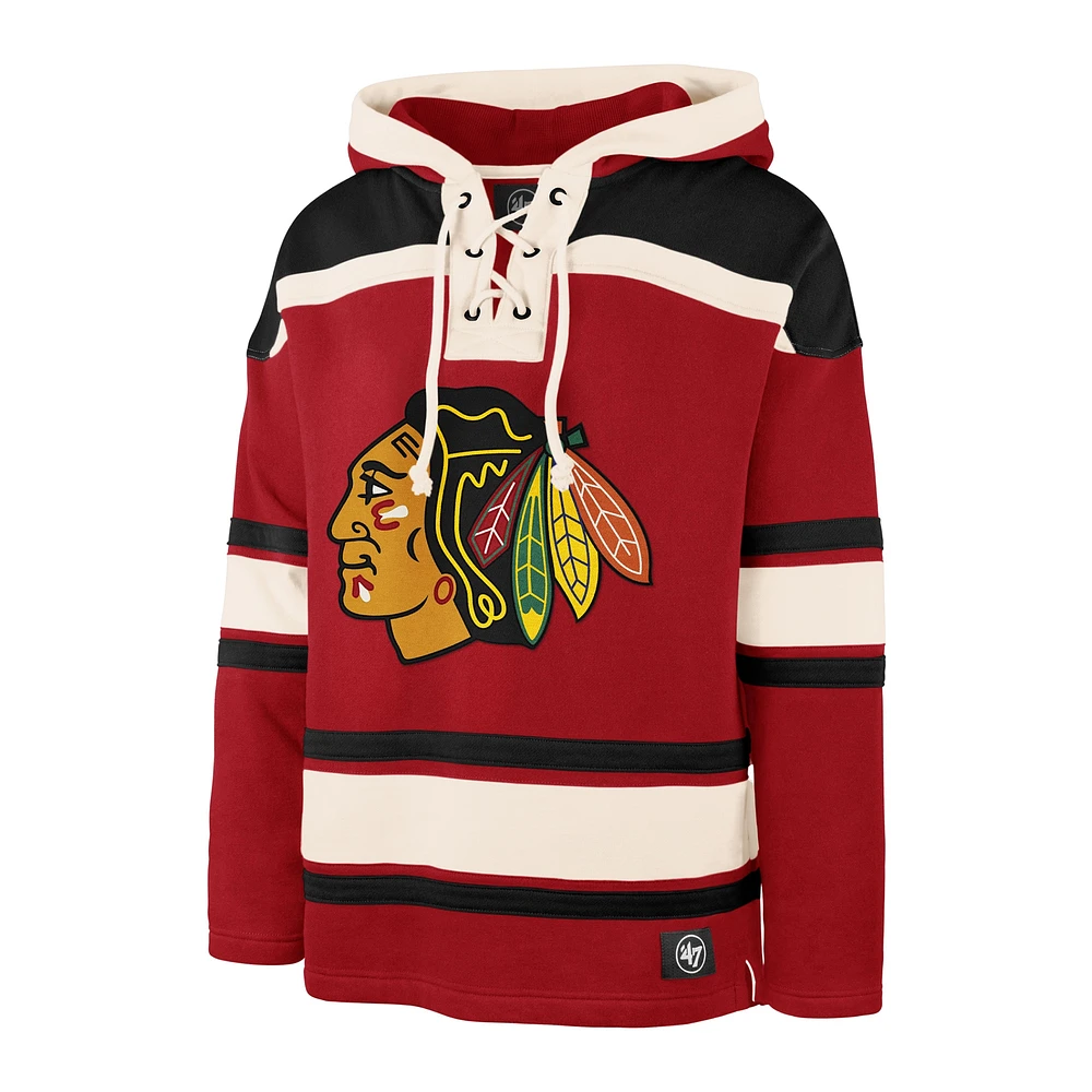 Men's '47 Connor Bedard Red Chicago Blackhawks Player Name & Number Lacer Pullover Hoodie