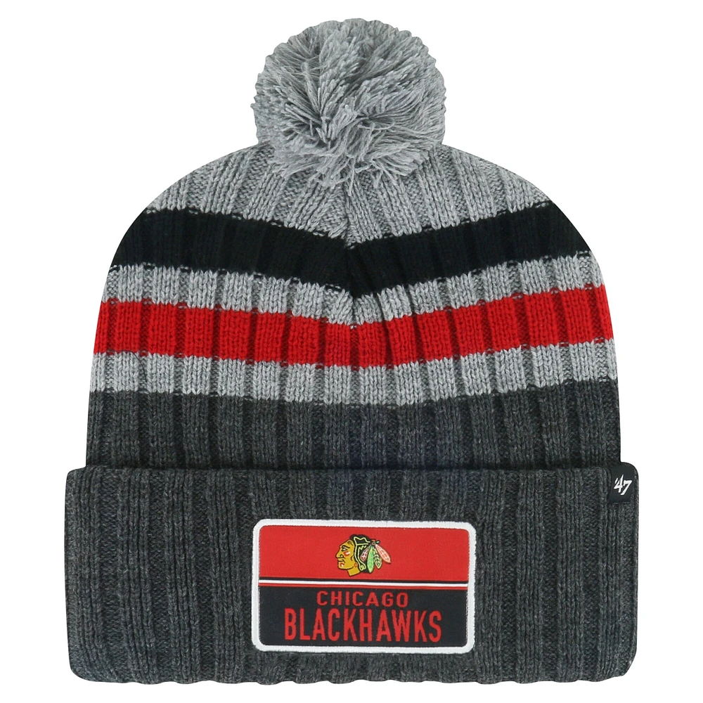 Men's '47 Gray Chicago Blackhawks Stack Patch Cuffed Knit Hat with Pom