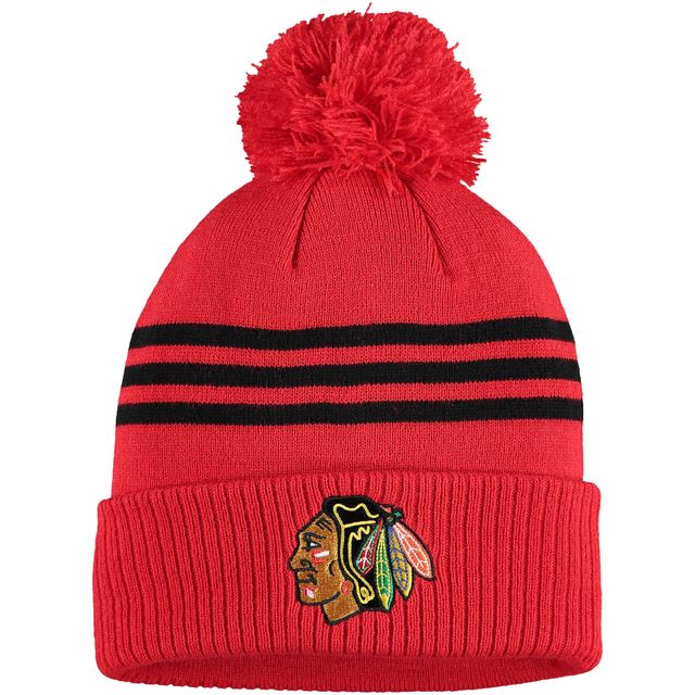 Bonnet en tricot à revers à trois bandes adidas pour hommes, bleu marine, Chicago Blackhawks Locker Room avec pompon