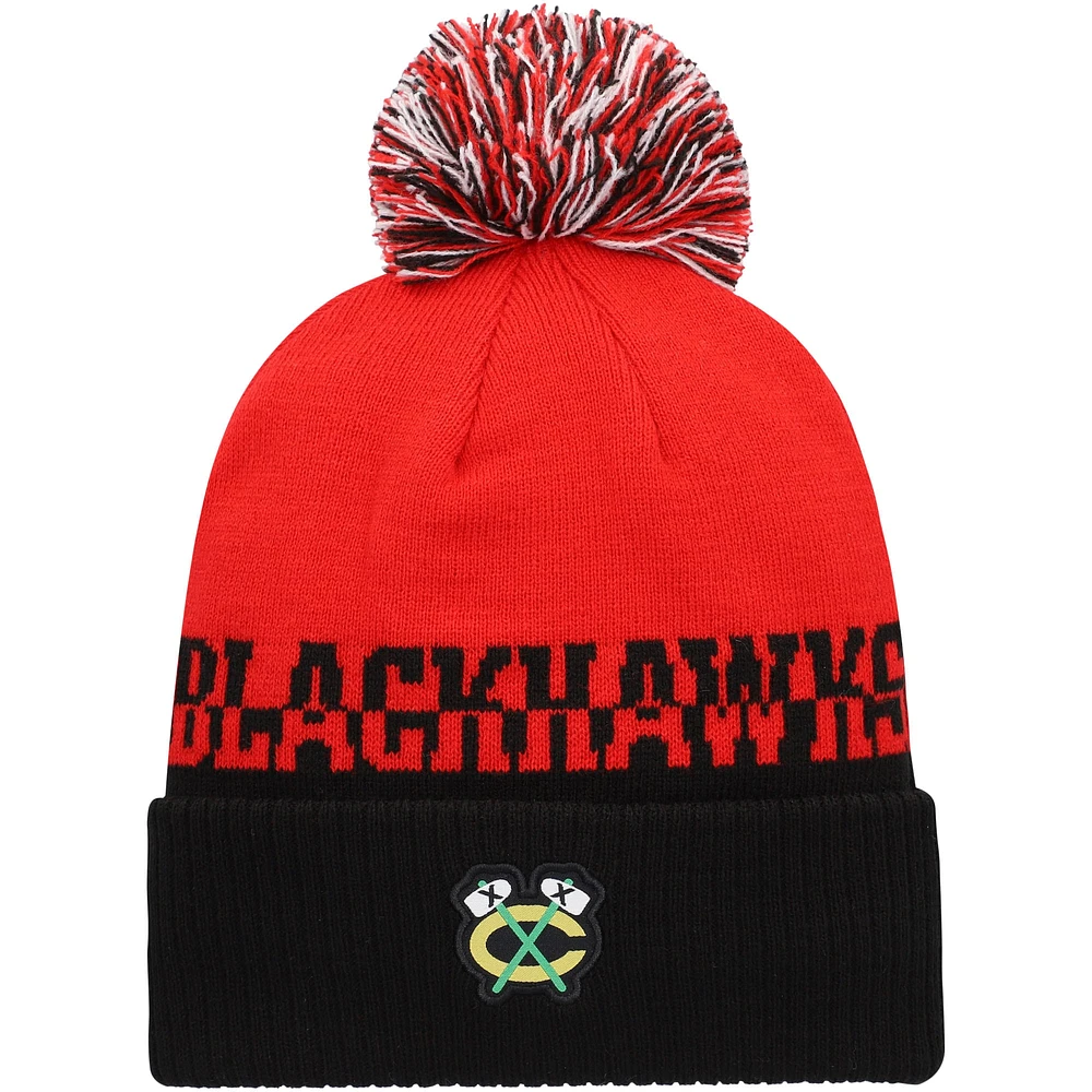 Bonnet en tricot à revers COLD.RDY adidas rouge/noir Chicago Blackhawks pour hommes avec pompon