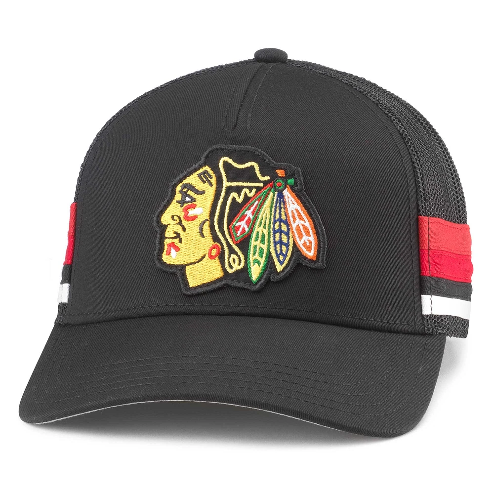 Men's American Needle Black Chicago Blackhawks HotFoot Stripes Trucker Adjustable Hat