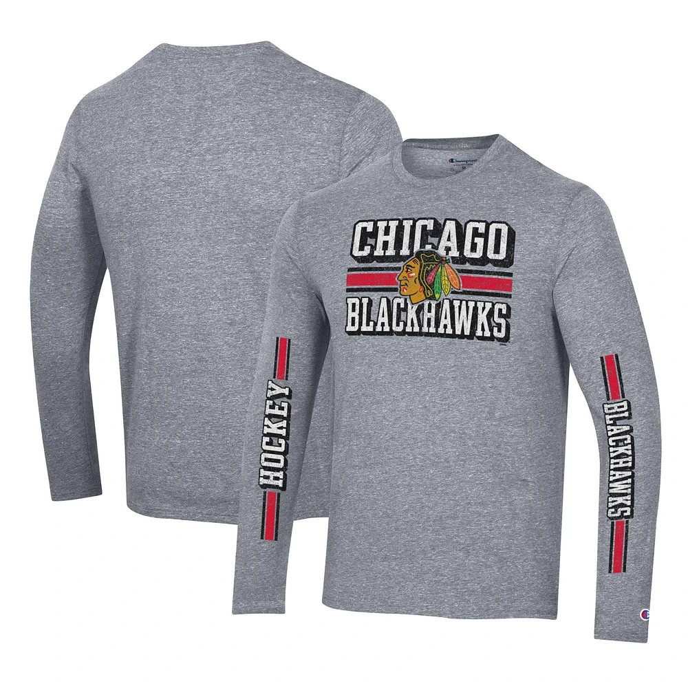 T-shirt à manches longues trois mélanges double bande Champion Heather Grey Chicago Blackhawks pour hommes