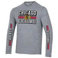 Men's Champion Heather Gray Chicago Blackhawks Tri-Blend Dual-Stripe Long Sleeve T-Shirt