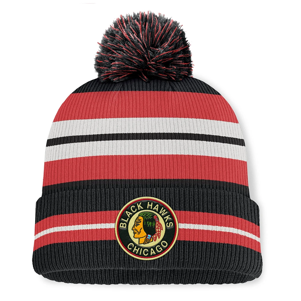 Bonnet en tricot à revers avec pompon Fanatics pour homme, collection Chicago Blackhawks Decades, noir/crème