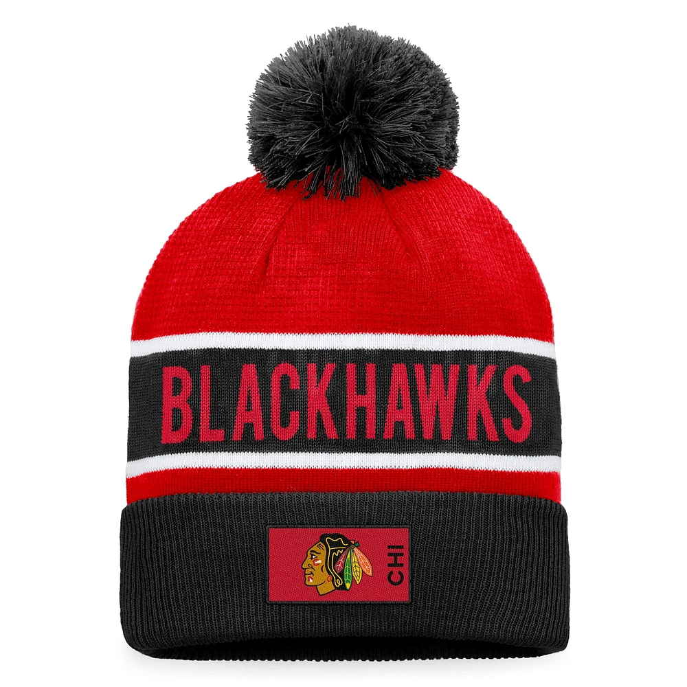 Bonnet en tricot à revers authentique Pro Rink Fanatics pour hommes noir/rouge Chicago Blackhawks avec pompon