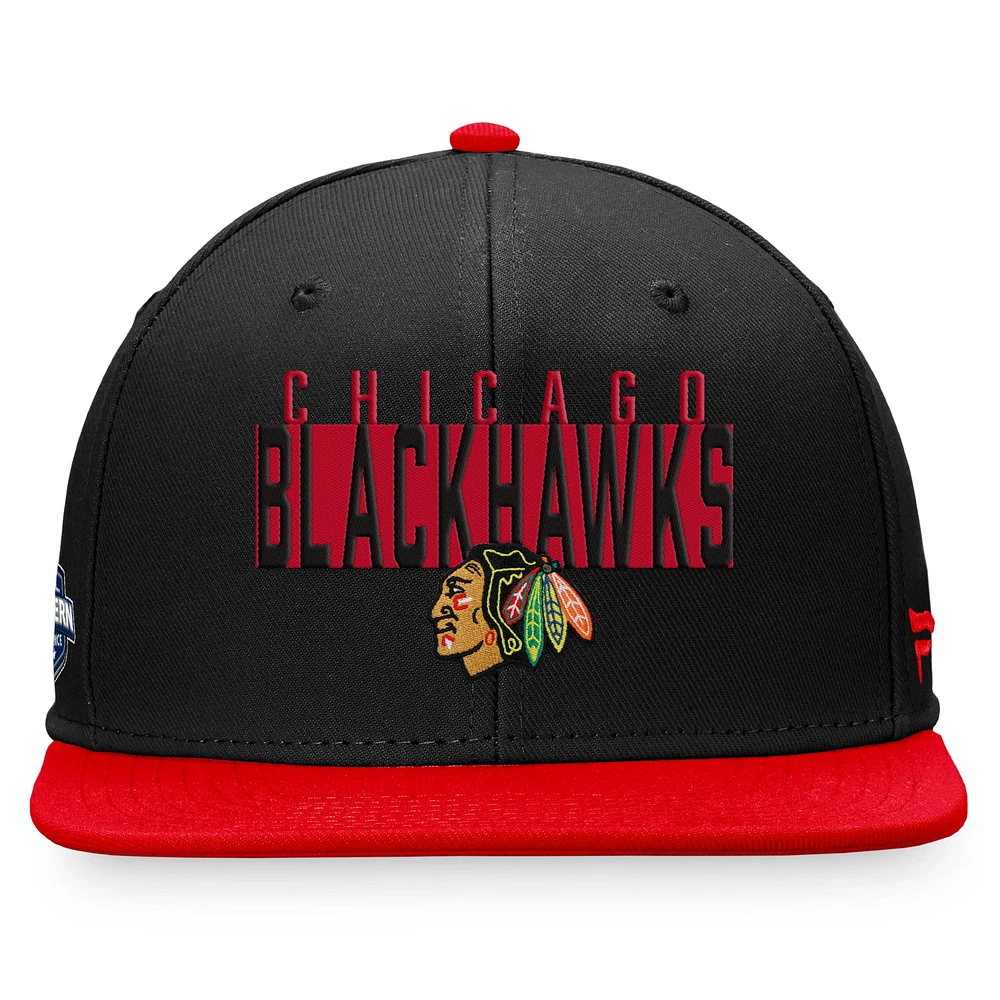 Men's Fanatics Black/Red Chicago Blackhawks Fundamental Colorblocked Snapback Hat