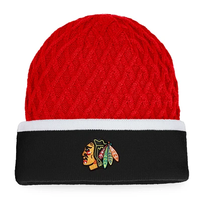 Bonnet en tricot à revers rayé emblématique des Blackhawks de Chicago Fanatics noir/rouge pour hommes