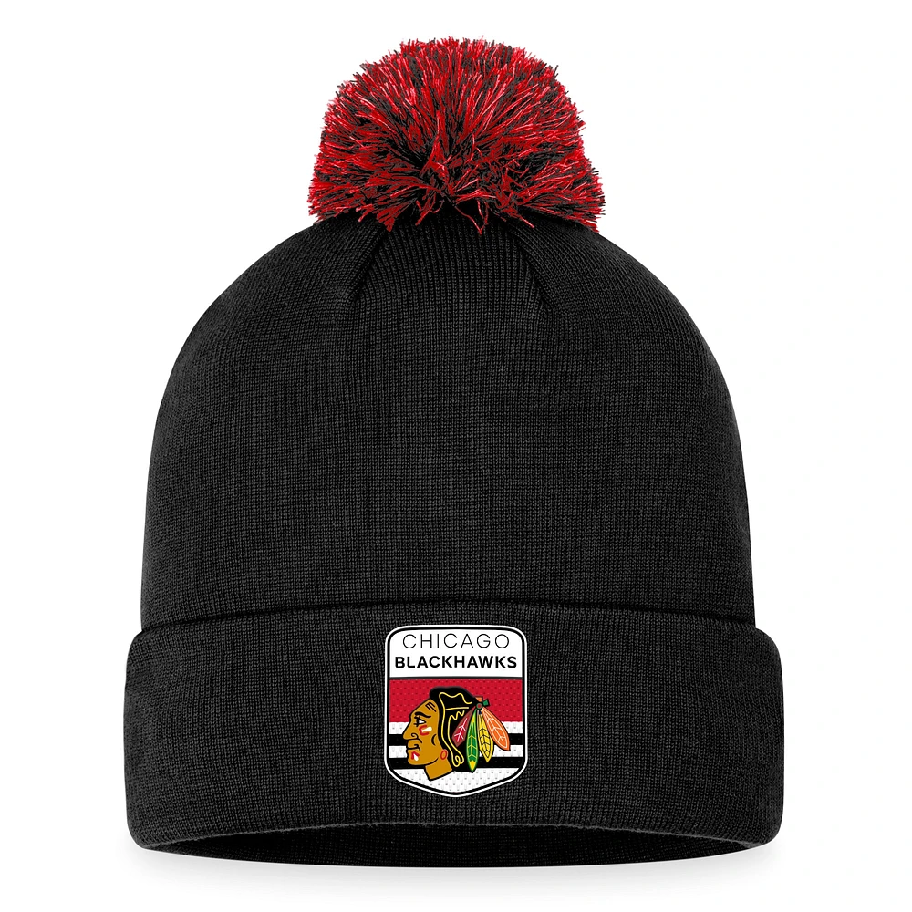 Bonnet en tricot à revers NHL Draft 2023 Fanatics noir des Blackhawks de Chicago pour hommes avec pompon