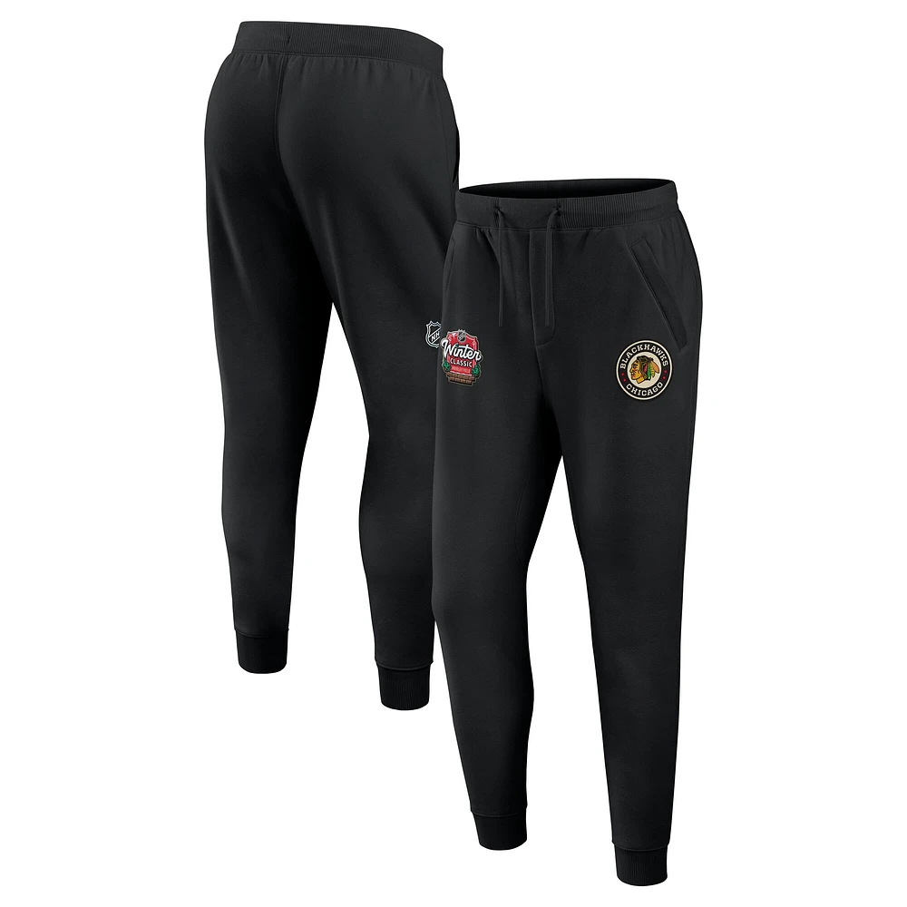 Pantalon de survêtement en molleton noir classique d'hiver 2025 la LNH des Blackhawks Chicago Fanatics pour hommes