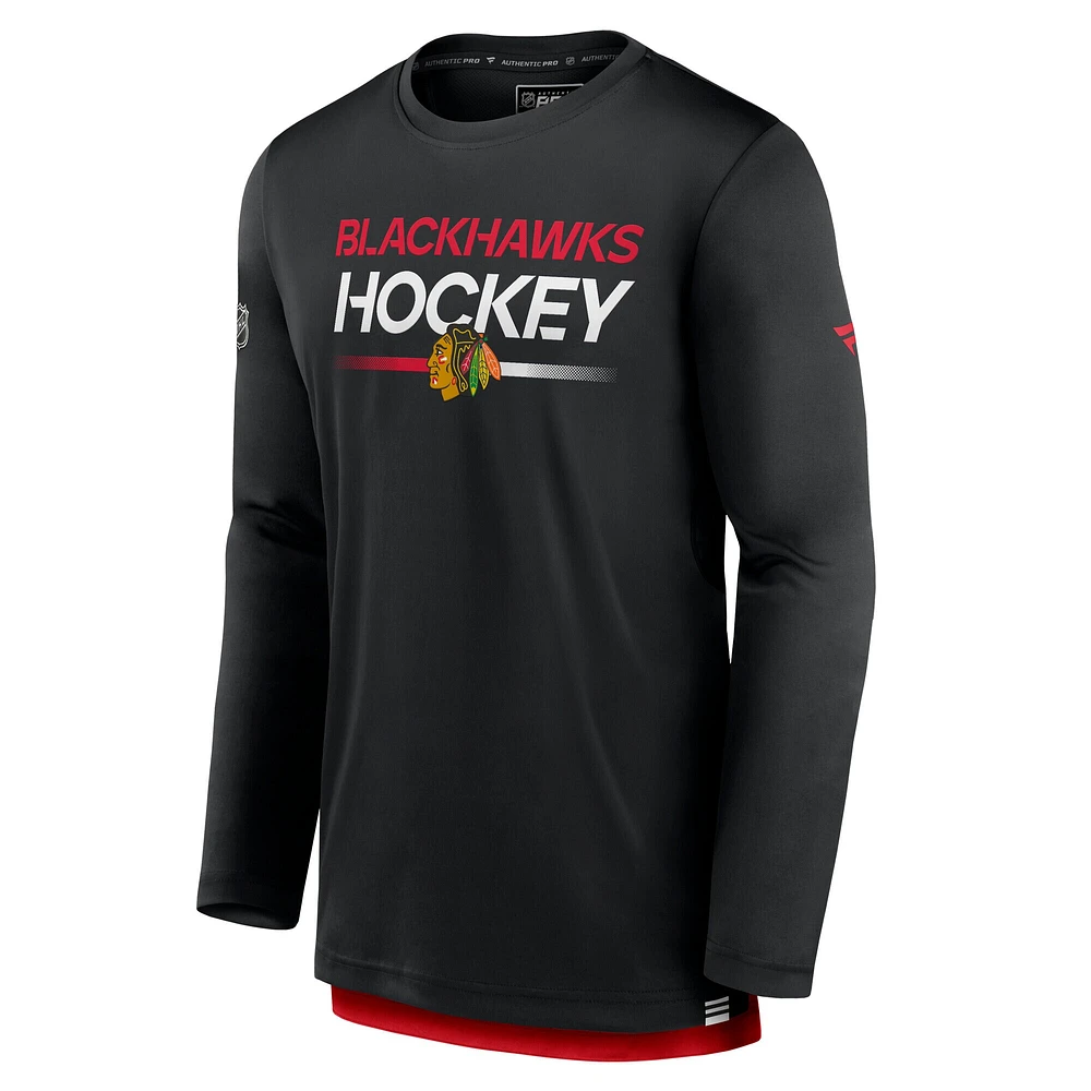 T-shirt à manches longues Fanatics Authentic Pro Tech pour homme, noir, Chicago Blackhawks
