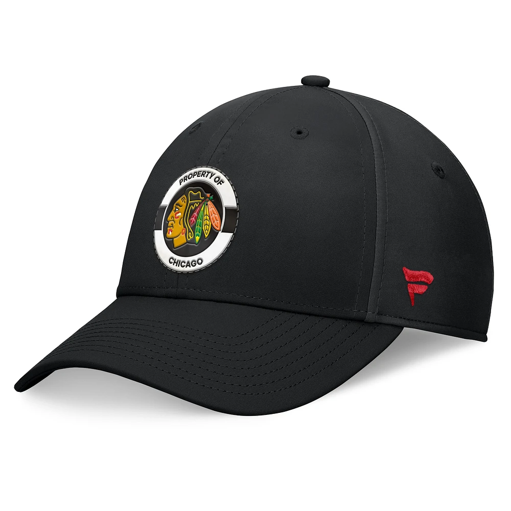 Casquette flexible noire authentique Pro Training Camp des Blackhawks de Chicago Fanatics pour hommes