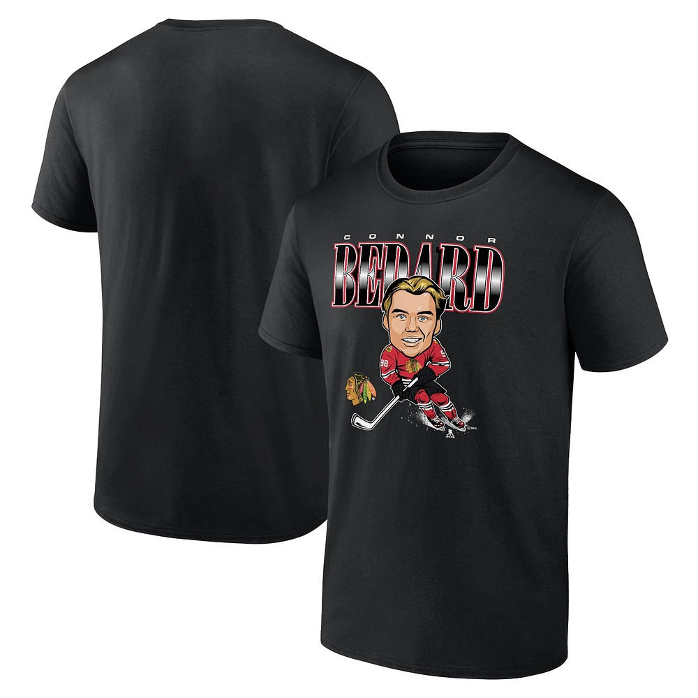 T-shirt noir de caricature joueur des Blackhawks Chicago Fanatics Connor Bedard pour hommes