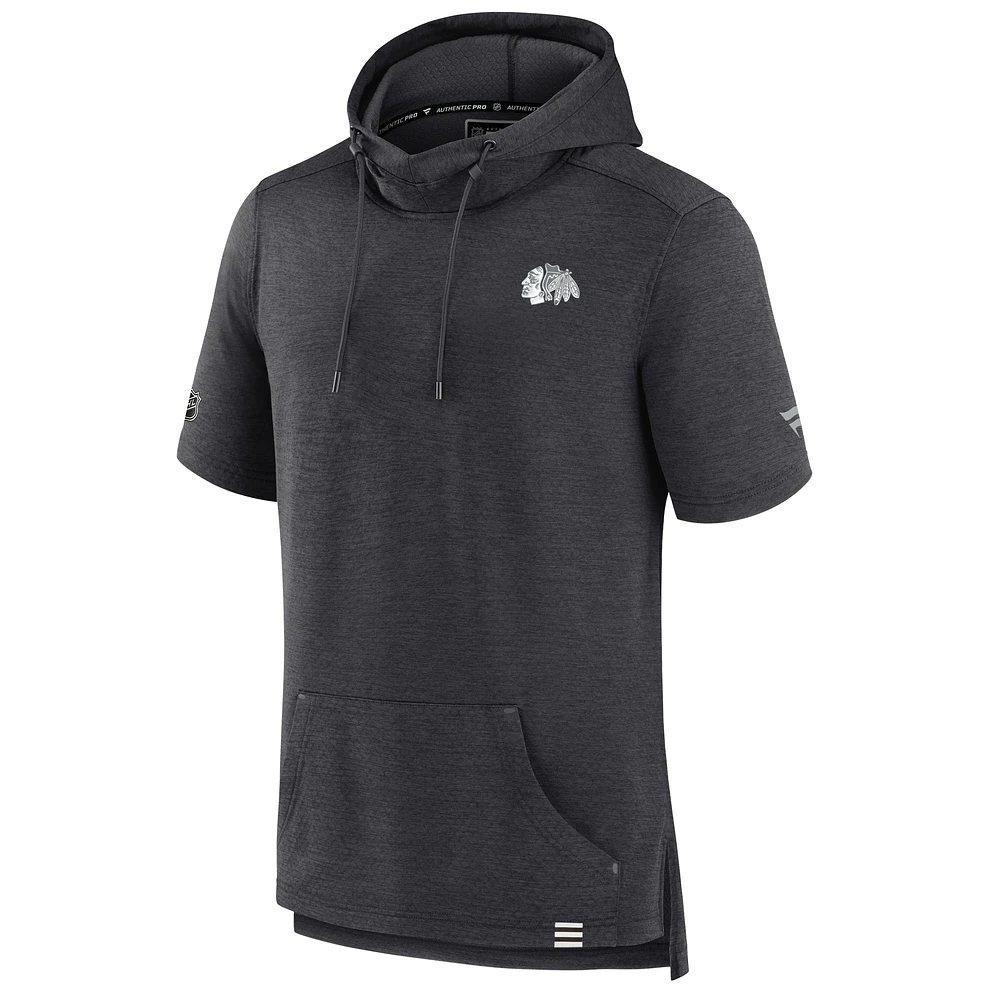 Men's Fanatics  Heather Charcoal Chicago Blackhawks Authentic Pro Short Sleeve Pullover Hoodie